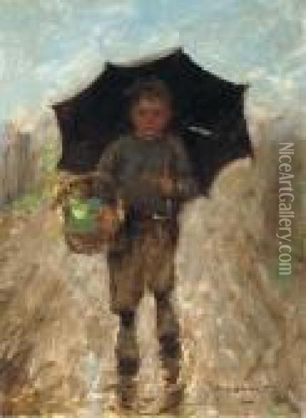 A Boy With An Umbrella Oil Painting - Robert Gemmell Hutchison