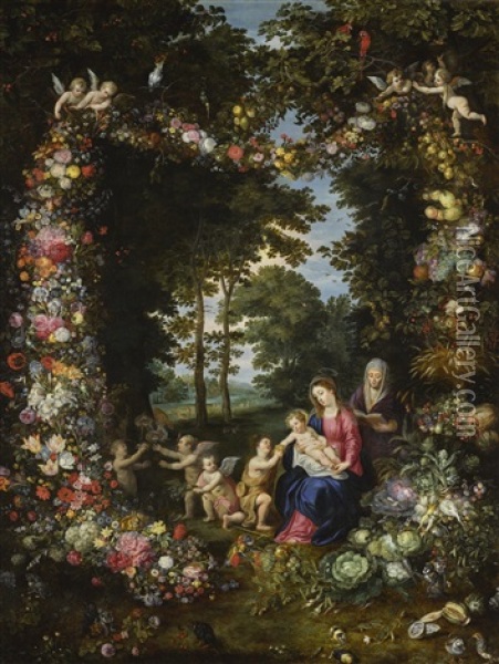 The Virgin And Child, The Infant Saint John The Baptist With Saints Anne And Agnes, All In A Wooded Glade, Surrounded By A Garland Of Fruit, Vegetables, Flowers, Animals And Angels Oil Painting - Hendrik van Balen the Elder