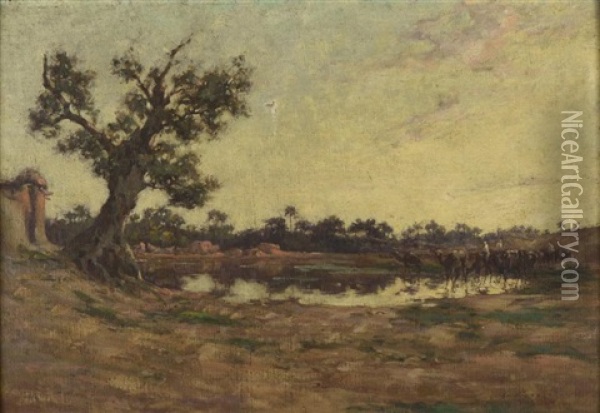 Caravanne A L'oasis (environ De Brika) Oil Painting - Ernest Gaston Marche