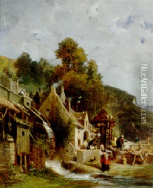 Laundresses Gathered By A Mill Stream Oil Painting - Jules Achille Noel
