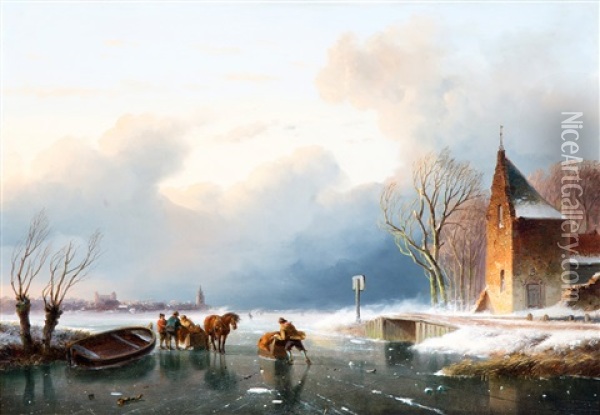 Schaatsers En Sledes Op Het Ijs Bij Een Kapelletje Oil Painting - Nicolaas Johannes Roosenboom