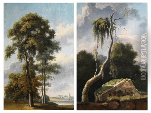 Zwei Hochformatige Baumlandschaften (pair) Oil Painting - Jean Victor Bertin