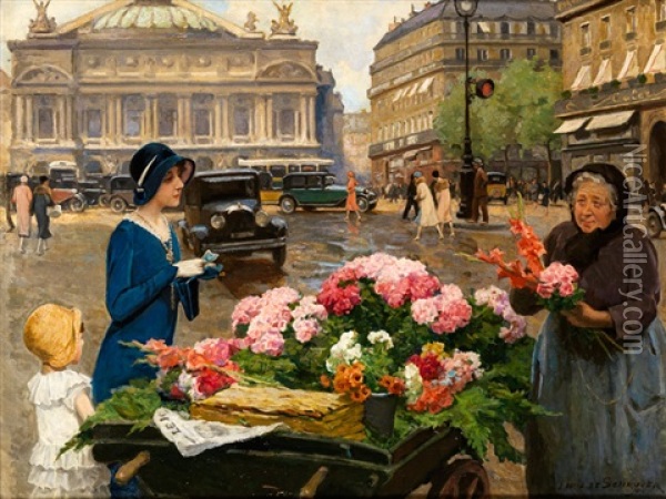 Blumenverkauferin In Paris Vor Der Poper Oil Painting - Louis Marie de Schryver