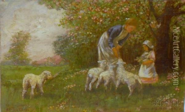 Feeding The Spring Lambs Oil Painting - Ernest Albert Waterlow