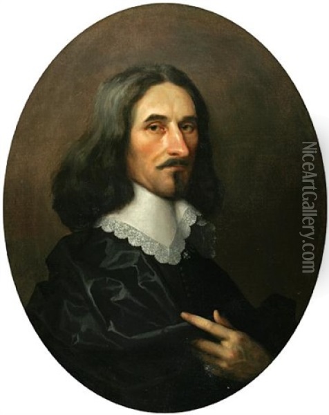 A Portrait Of A Gentleman In A Black Robe With A Lace Collar Oil Painting - William Dobson