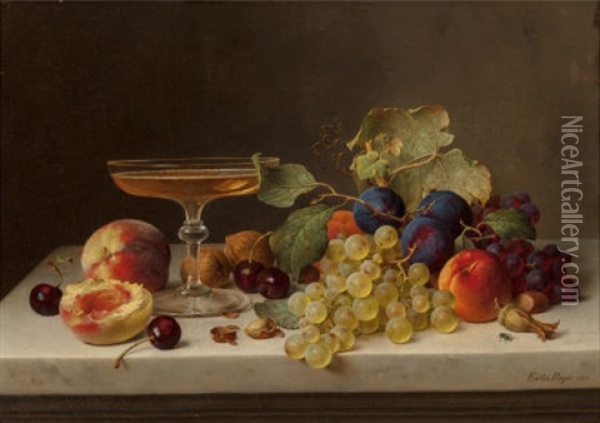 Still Life With Summer Fruits And Champagne, 1875 Oil Painting - Emilie Preyer