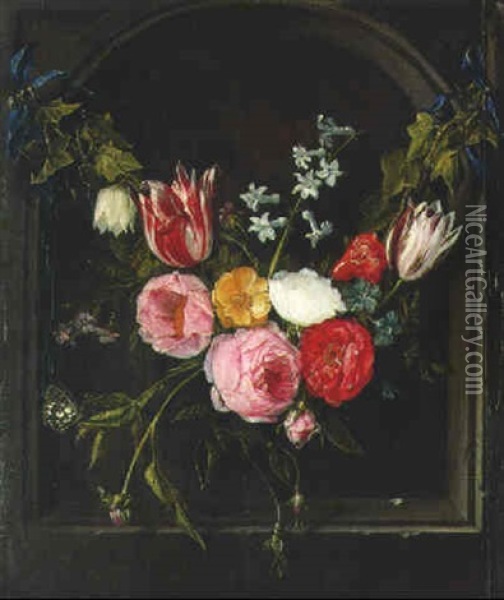 Swags Of Ivy, Pink, White And Red Roses, Parrot Tulips, And Other Flowers Oil Painting - Jan van Kessel the Elder