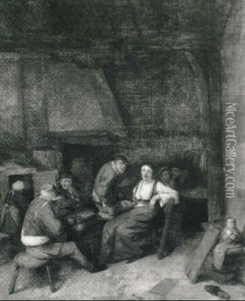 Peasants Drinking In A Tavern Interior Oil Painting - Cornelis Pietersz Bega