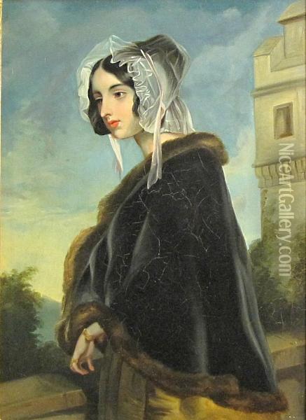 A Portrait Of A Woman Wearing A Fur-trimmed Cloak Standing By A Balustrade Oil Painting - Sir George Hayter