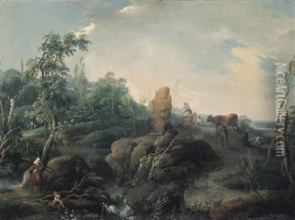An Extensive Landscape With Travellers On A Hillock, A Ruin In The Foreground Oil Painting - Jean Baptiste Charles Claudot