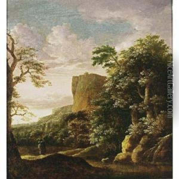 A Southern Wooded Landscape With A Traveller Near A Stream, Mountains Beyond Oil Painting - Cornelis Matthieu