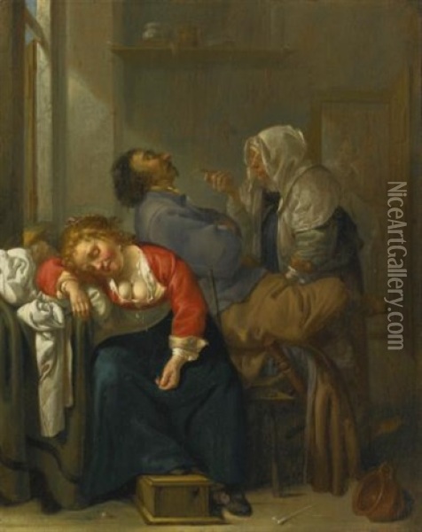 Tickled Sleep (bordello Scene With Sleeping Couple) Oil Painting - Jacob Duck