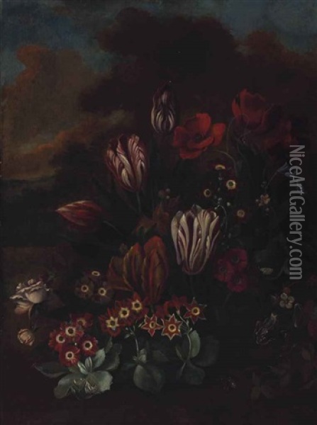 Sill Life With Tulips, And Other Flowers With A Frog And A Forest Floor Oil Painting - George William Sartorius