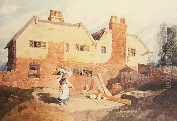 Cottages with a Washerwoman (Elm Hill, Norwich) c.1808-9 Oil Painting - John Sell Cotman