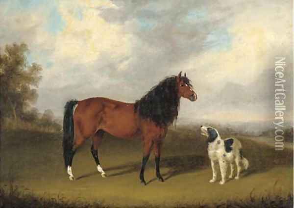 A chestnut horse with a dog in an extensive landscape Oil Painting - Edmund Bristow