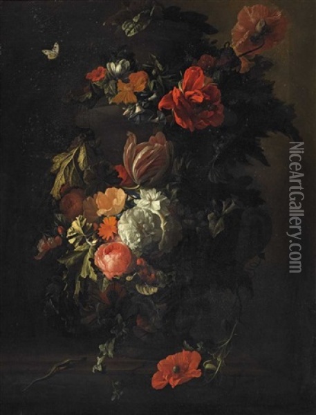 A Vase With Roses, Tulips, Anemones And Vine Leafs Oil Painting - Elias van den Broeck