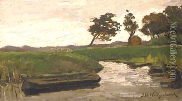A praam in a polder landscape Oil Painting - Johan Hendrik Weissenbruch