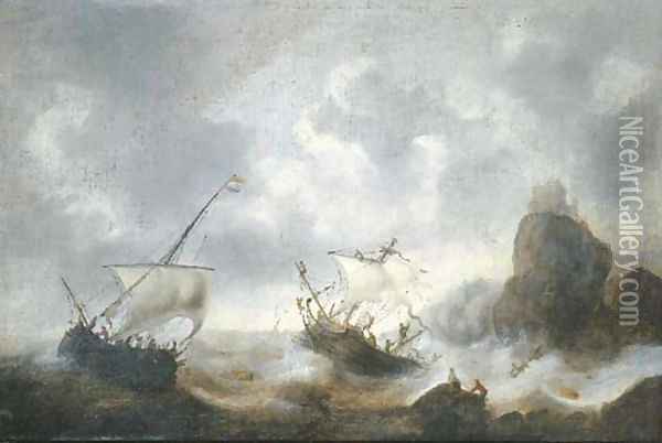 A coastal landscape with frigates off the coast in a storm Oil Painting - Jacob Adriaensz. Bellevois