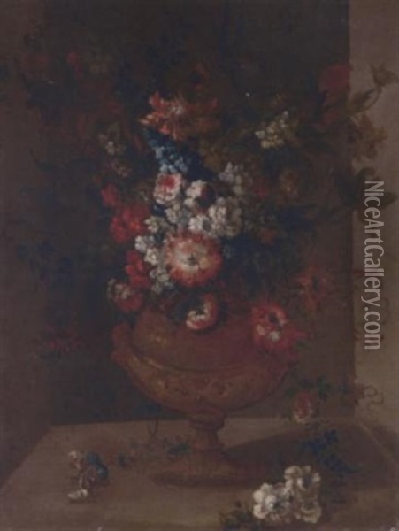 Carnations, Tulips, Narcissi, Morning Glory And Other Flowers In A Vase In A Niche Oil Painting - Simon Hardime