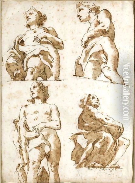 Four Partially Draped Allegorical Figures Seen From Below Oil Painting - Giovanni Domenico Tiepolo