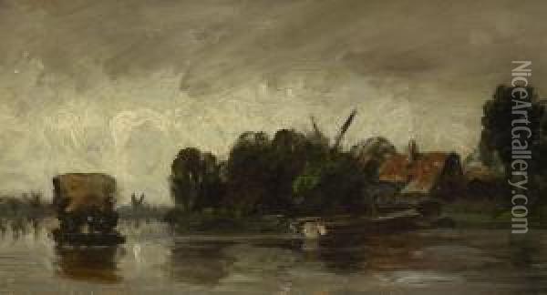 Flusslandschaft Mit Windmuhle. Oil Painting - August Seidel