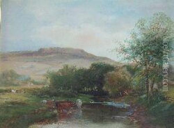 Cattle Watering In A River Landscape Oil Painting - John I Smart