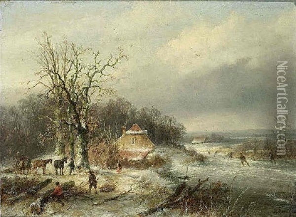 A Winter Landscape With Skaters And Woodgatherers Oil Painting - Josefus Gerardus Hans