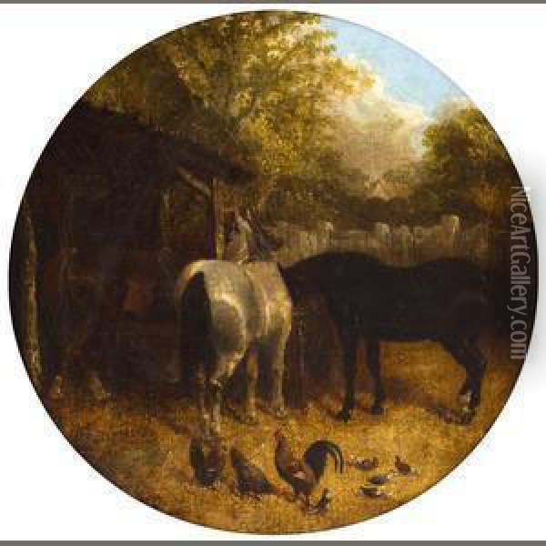Horses And Ducks, Horses And Chickens: Two Oil Painting - John Frederick Herring Snr
