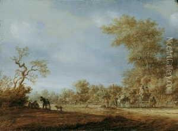 Baumbestandene Landschaft Mit Pferdekutsche Und Reitern. Oil Painting - Pieter de Neyn