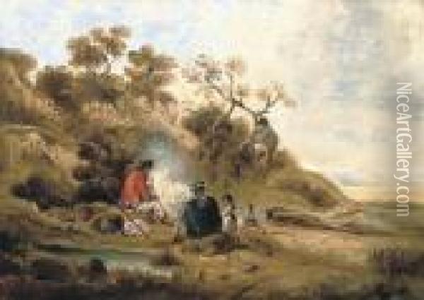 A Wooded River Landscape With Figures By A Camp Fire Oil Painting - George Morland