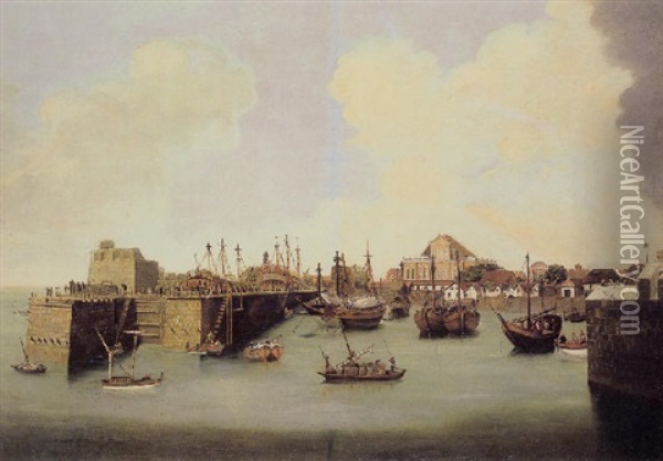 A View Of Bombay Harbor With Moored Sailing Vessels And A Dry Dock With Government House Beyond Oil Painting - James Wales