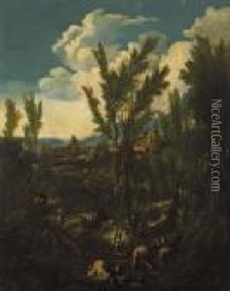 Landschaft Mitkapuzinermonchen Und Bauern Oil Painting - Alessandro Magnasco