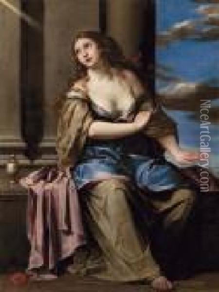 La Maddalena Penitente, Seduta In Un Portico, Mentre Si Priva Dei Suoi Gioielli Oil Painting - Carlo Maratta or Maratti