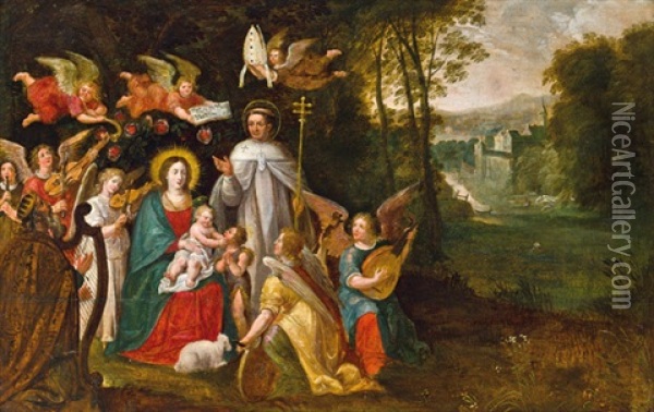 Madonna Mit Christuskind, Johannesknaben Und Heiliger Bernhard Von Clairvaux, Umgeben Von Musizierenden Engeln Oil Painting - Peeter Van Avont