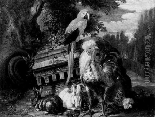 Perroquet, Coq, Lapins Et Elements D'architecture Dans Un Paysage Oil Painting - David de Coninck