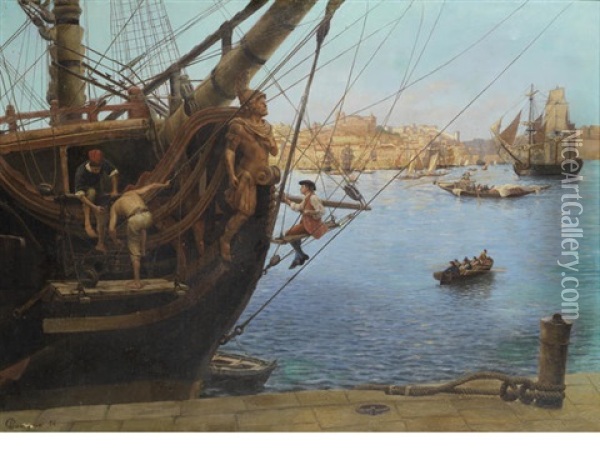 Gilding The Figurehead, Porto Oil Painting - Gustave Bourgain