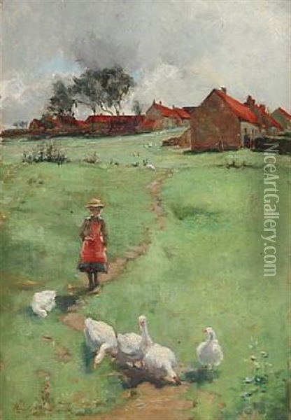 A British Landscape With A Girl And Geese Oil Painting - Niels Moeller Lund