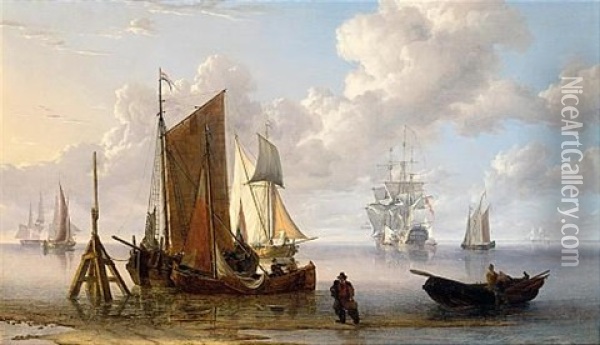 A Man Of War And Other Shipping Off The Coast At Low Tide Oil Painting - Charles Martin Powell