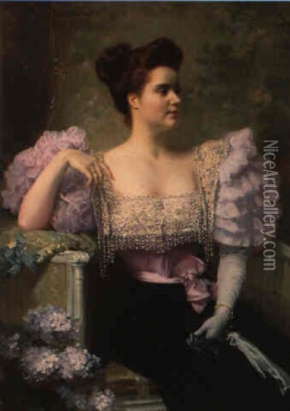 Jeune Femme En Tenue De Soiree Assise Pres D'un Bouquet D'hortensias Oil Painting - Jules Louis Machard