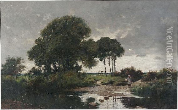 Country Landscape With Sheep And Woman On A Riverbank Oil Painting - John Finnie