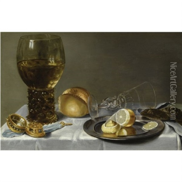 Still Life Of A Roemer, A Facon De Venise, A Partly Peeled Lemon On A Pewter Plate, Two Oysters, A Bread Roll And A Pocket-watch, All Arranged On A Draped Table Oil Painting - Willem Claesz Heda