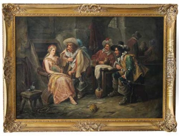 Historisierende Wirtshausszene Mit Weintrinkern Und Tanzerin Mit Tamburin Oil Painting - Wilhelm Giessel