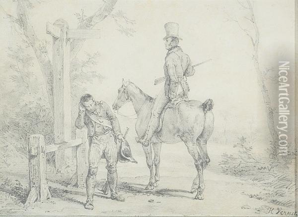 Man On Horseback And Gameskeeper Oil Painting - Horace Vernet