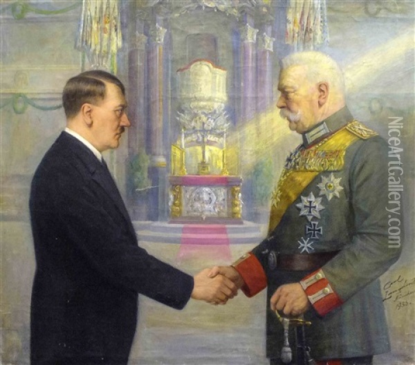 Adolf Hitler Und Reichsprasident Paul Von Hindenburg Geben Sich Die Hand In Kirchlichem Interieur Oil Painting - Carl Langhorst