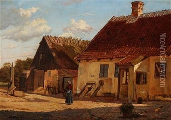 Gaardparti Fra Lygtekroen Oil Painting - August Fischer