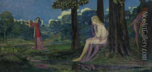Nymphs In A Landscape Oil Painting - Arthur Bowen Davies