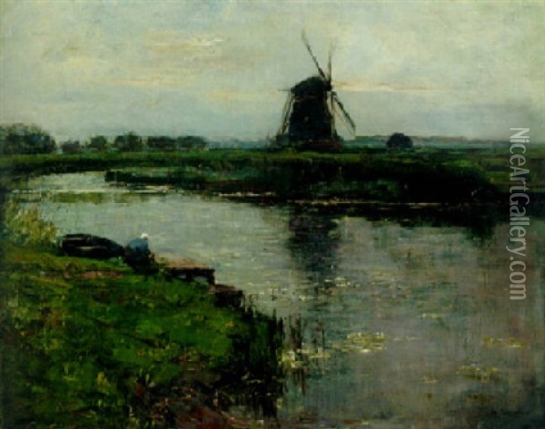 Oostzijde Mill With Woman At Dock Of Landzicht Farm Oil Painting - Piet Mondrian