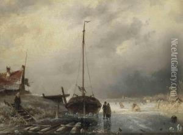 A Winter Landscape With A Boat And Villagers, A Windmill On The Right Oil Painting - Charles Henri Leickert