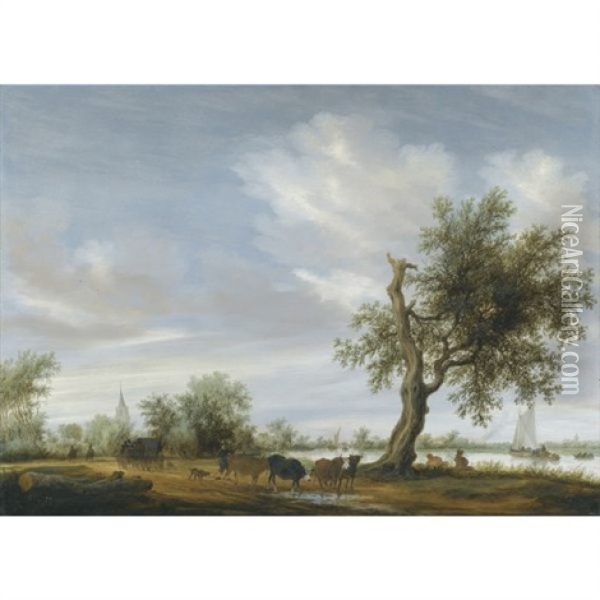 A River Landscape With Travellers And Herders On A Path, A Church Beyond Oil Painting - Salomon van Ruysdael