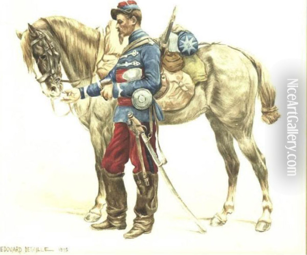 Officer And His Horse Oil Painting - Jean Baptiste Edouard Detaille